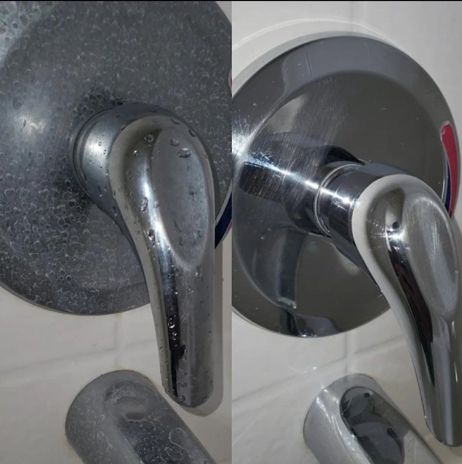 Close-up before and after of hard water buildup eliminated